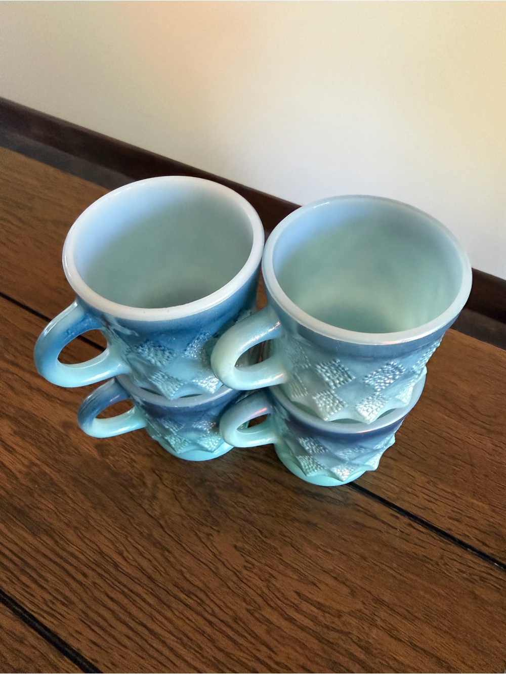 Vintage 1960s-70s Anchor Hocking Fire King Blue Kimberly Diamond Mugs Set of 4 - Picture 6 of 9